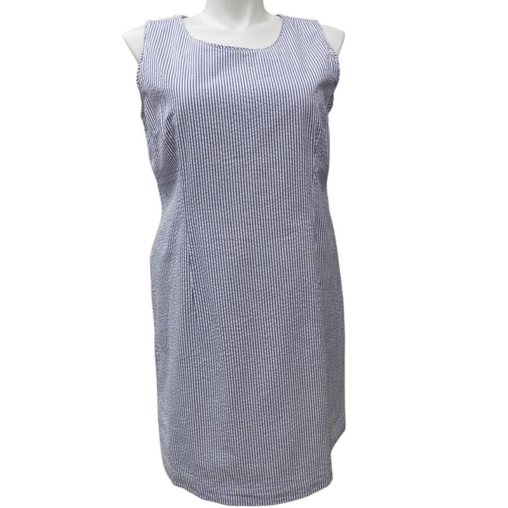 LL Bean Seersucker Sleeveless Dress Blue White Cotton Women's size 16